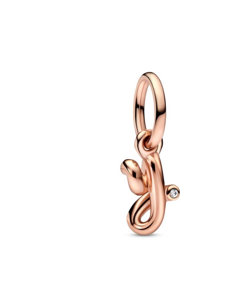 Front of a size O/S Letter Y Script Alphabet Dangle Charm in Rose Gold in Rose Gold by Pandora. | dia_product_style_image_id:329751